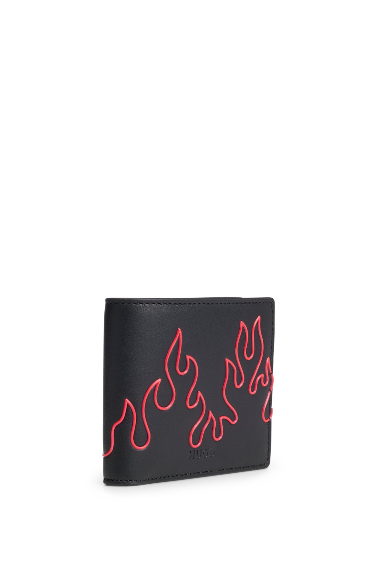 Faux-leather bi-fold wallet with flame artwork, Black