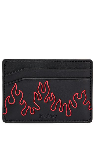 Faux-leather card holder with flame artwork, Black