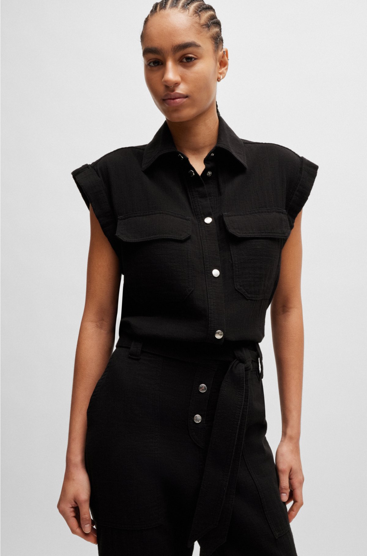 Belted utility jumpsuit in cotton, Black