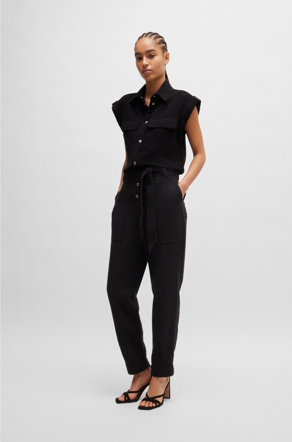 Belted utility jumpsuit in cotton, Black