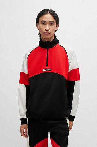 Colour-blocked sweatshirt with racing-inspired logo badge, Black / Red