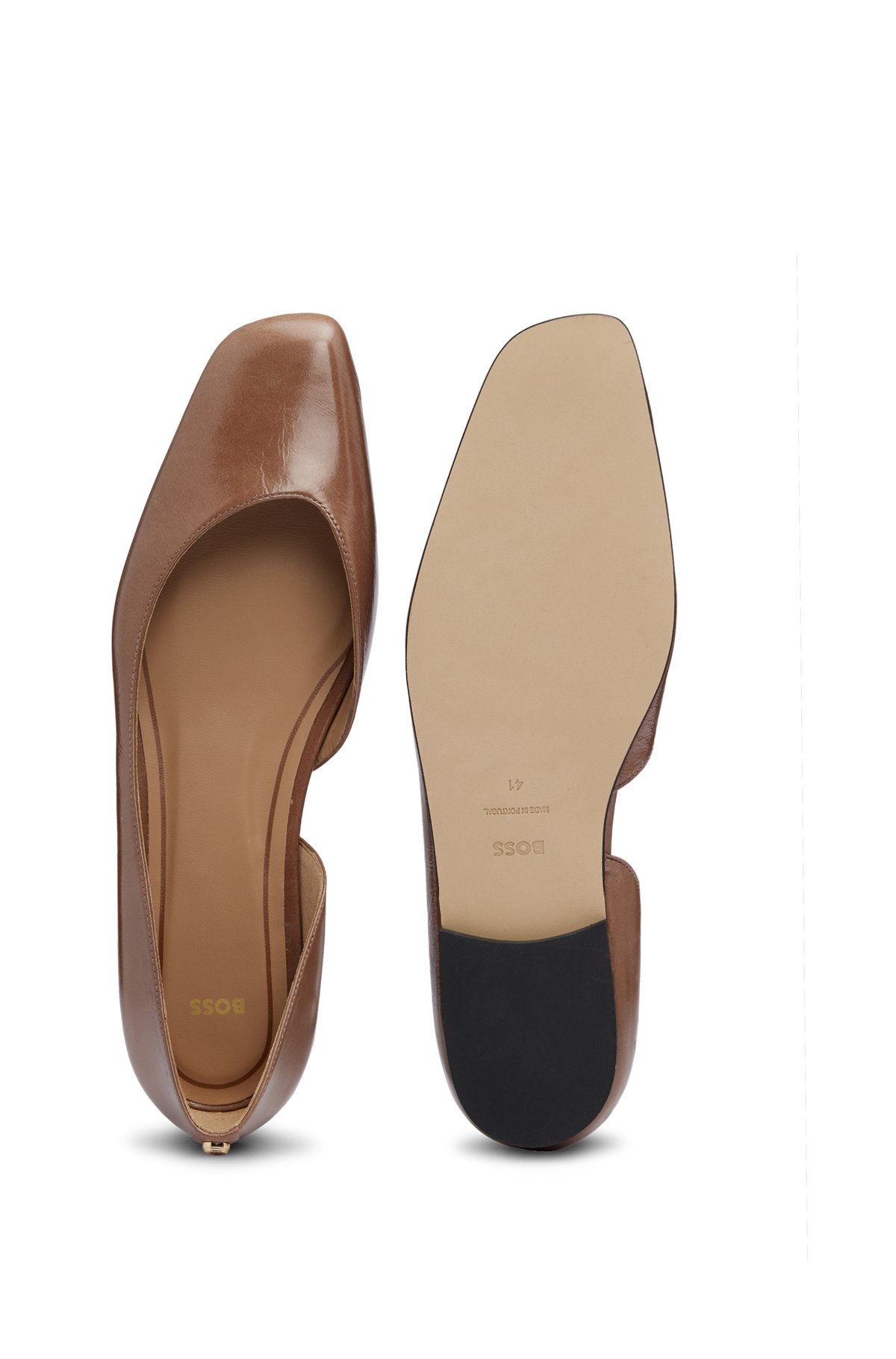 Ballerina flats in leather with asymmetric design, Brown