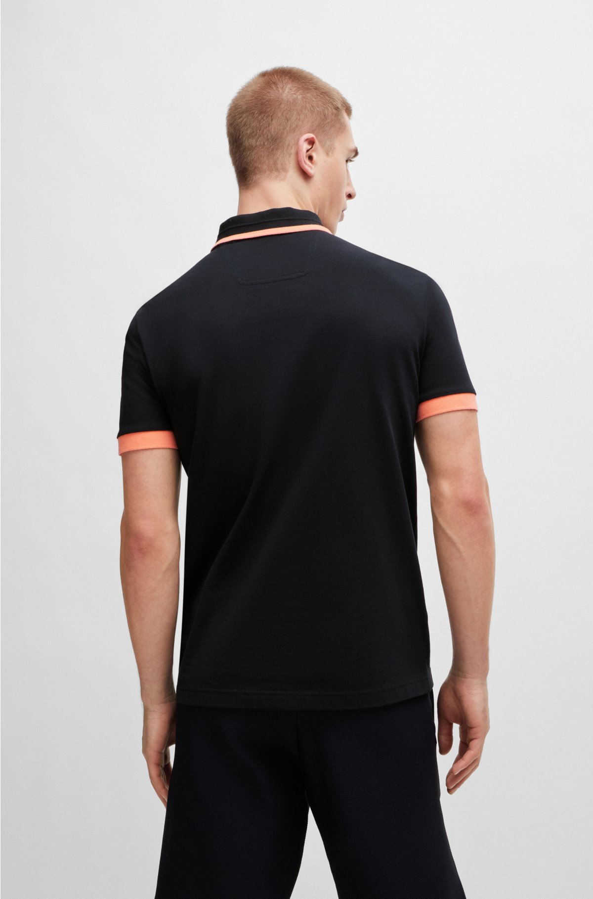 Cotton-piqué polo shirt with contrast stripes and logo, Black