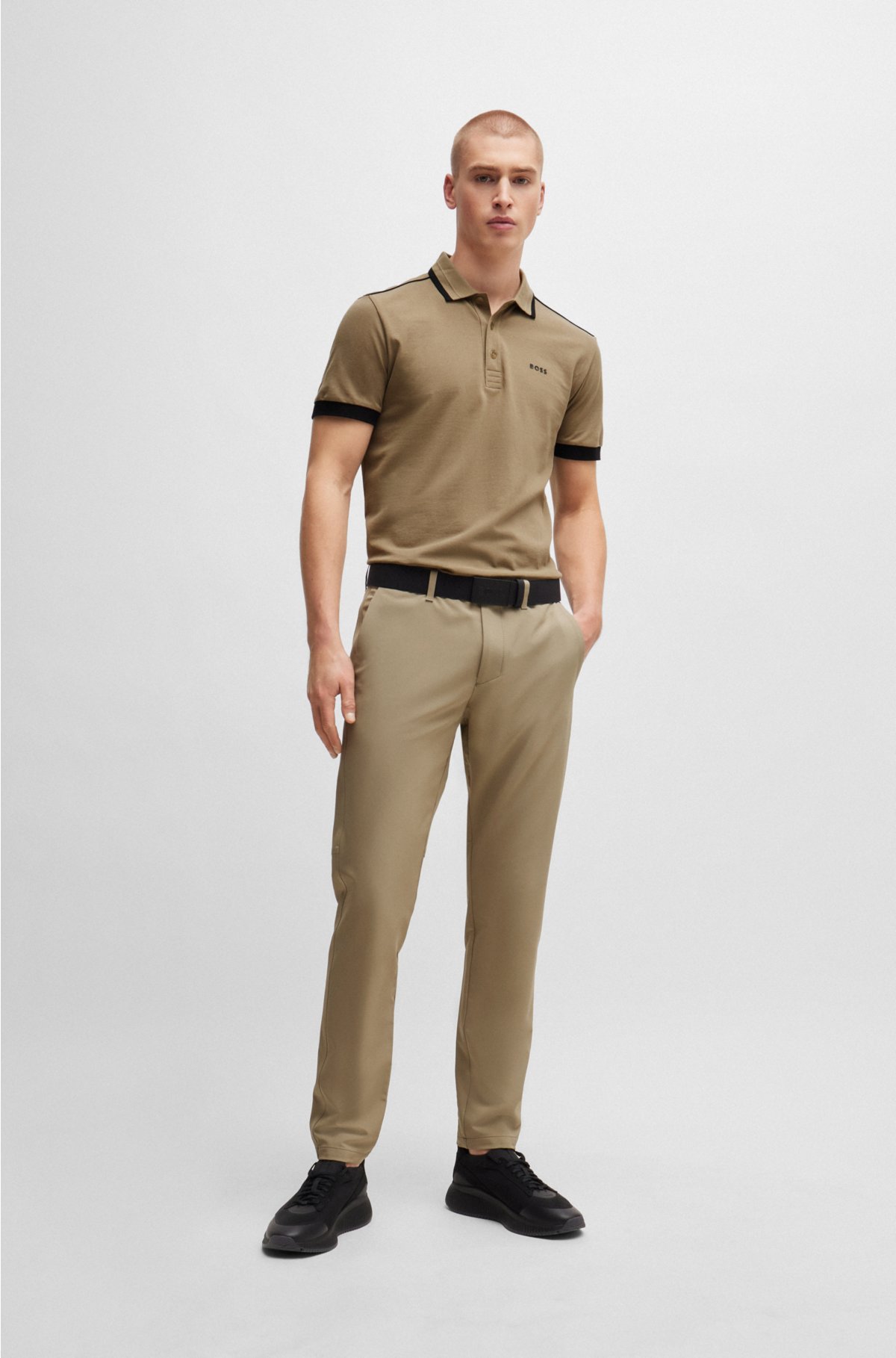 Cotton-piqué polo shirt with contrast stripes and logo, Light Brown