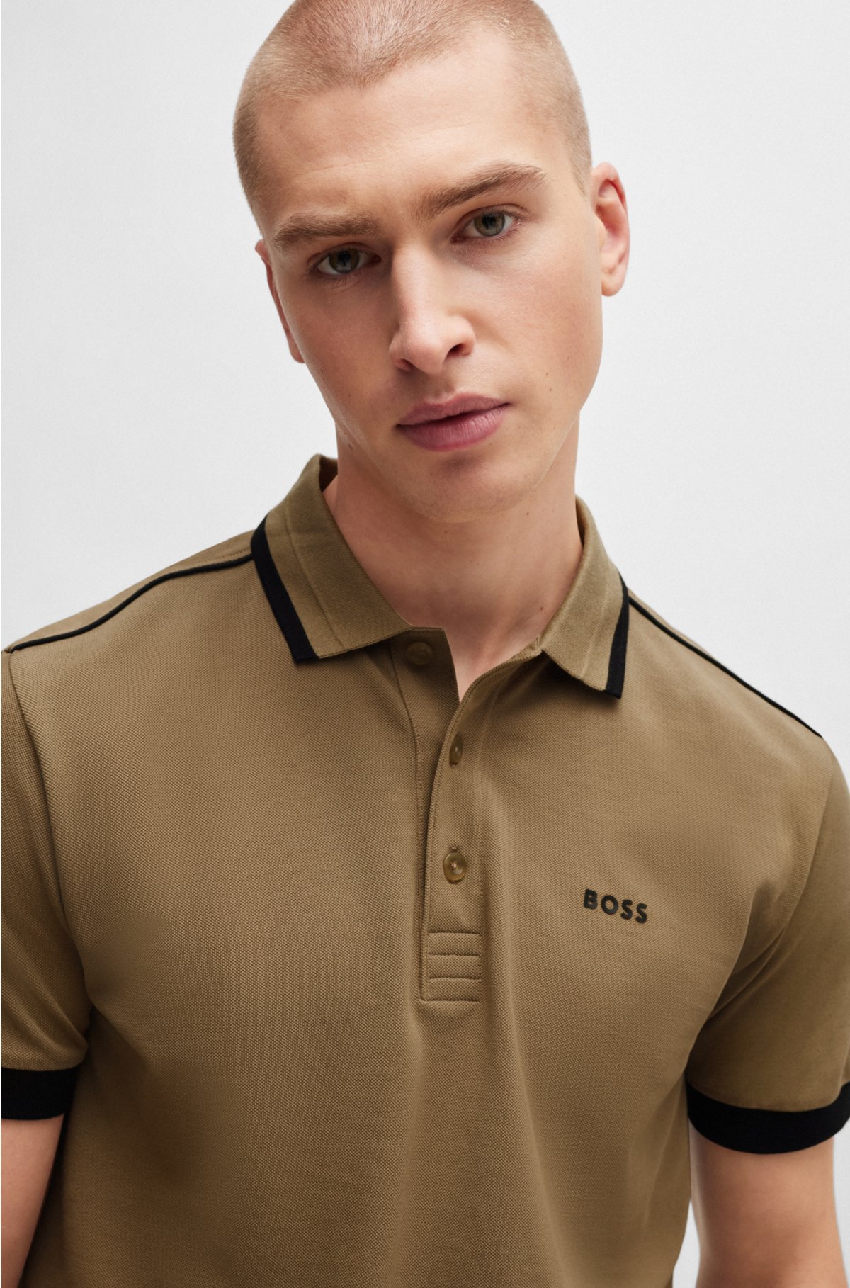 Cotton-piqué polo shirt with contrast stripes and logo, Light Brown