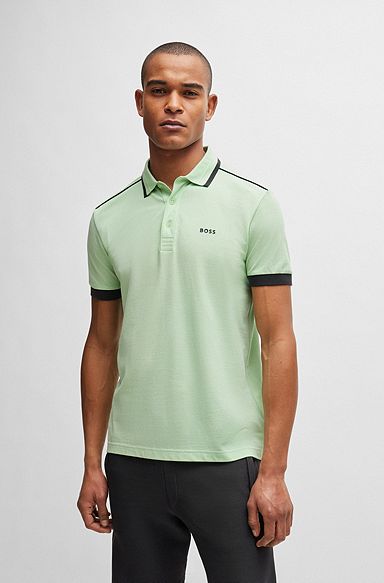 Cotton-piqué polo shirt with contrast stripes and logo, Light Green