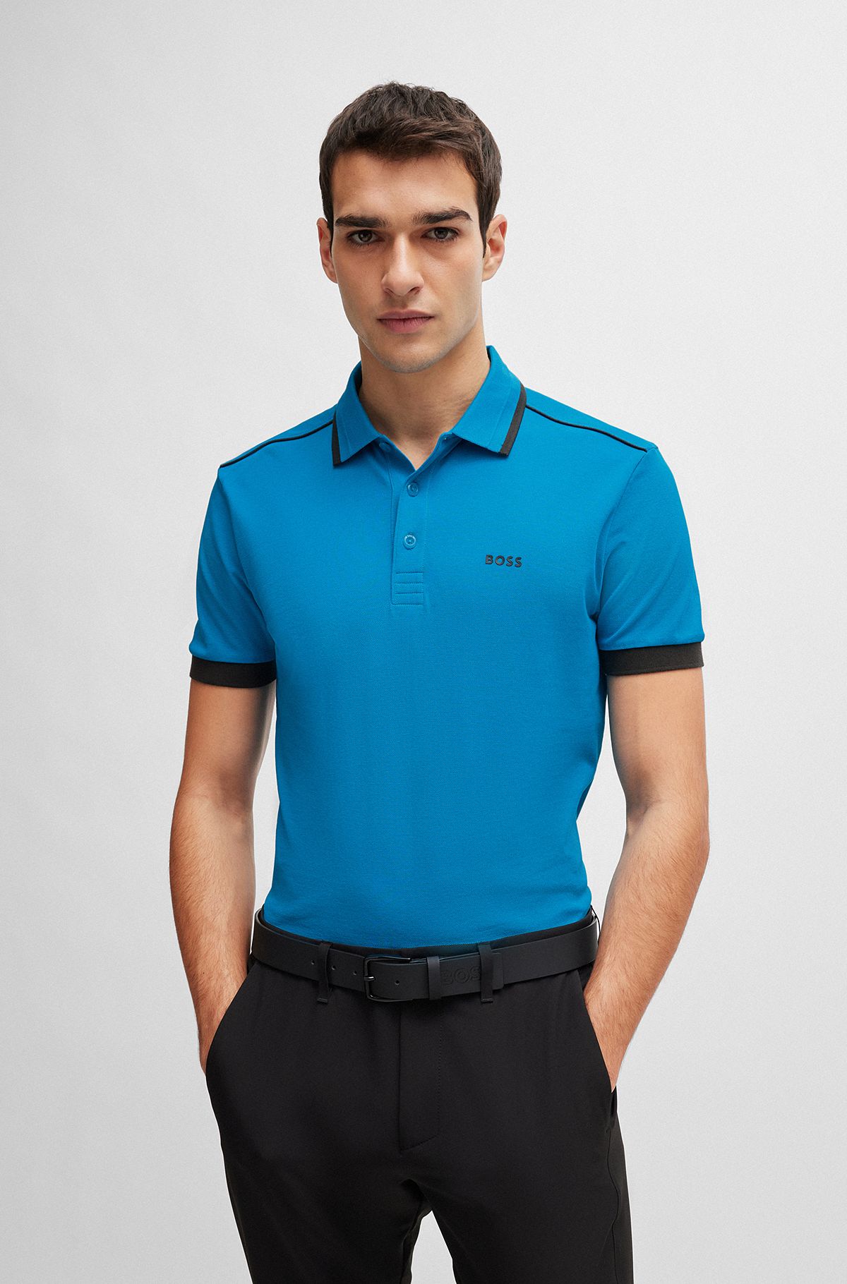 Cotton-piqué polo shirt with contrast stripes and logo, Blue