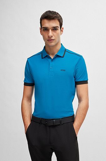 Cotton-piqué polo shirt with contrast stripes and logo, Blue