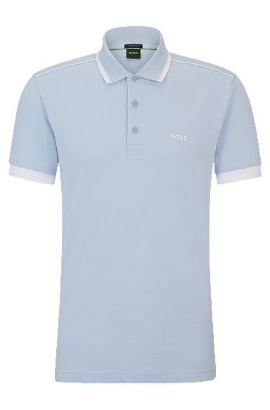 Cotton-piqué polo shirt with contrast stripes and logo, Light Blue
