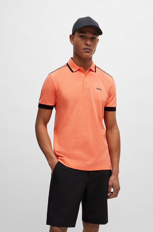 Cotton-piqué polo shirt with contrast stripes and logo, Light Orange