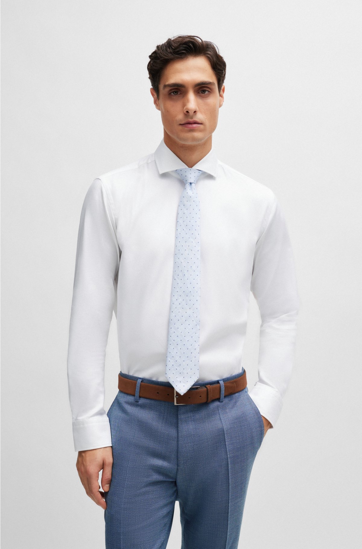 Dot-print tie in linen and cotton, Light Blue