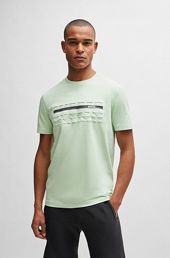 Stretch-cotton regular-fit T-shirt with embossed artwork, Light Green