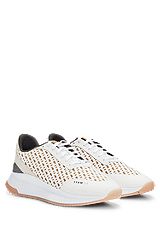 Monogram-mesh lace-up trainers with suede trims, Light Beige