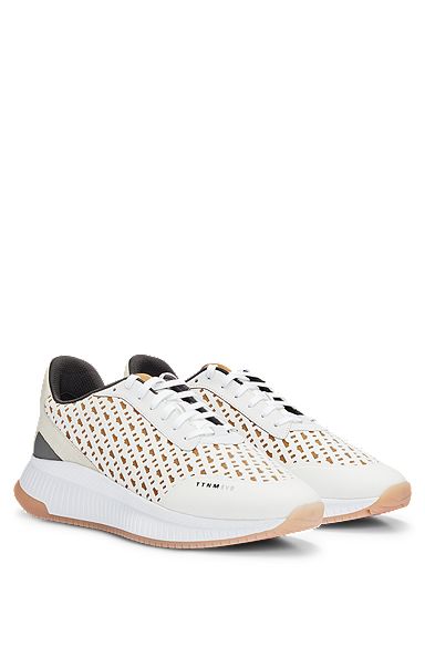 Monogram-mesh lace-up trainers with suede trims, Light Beige