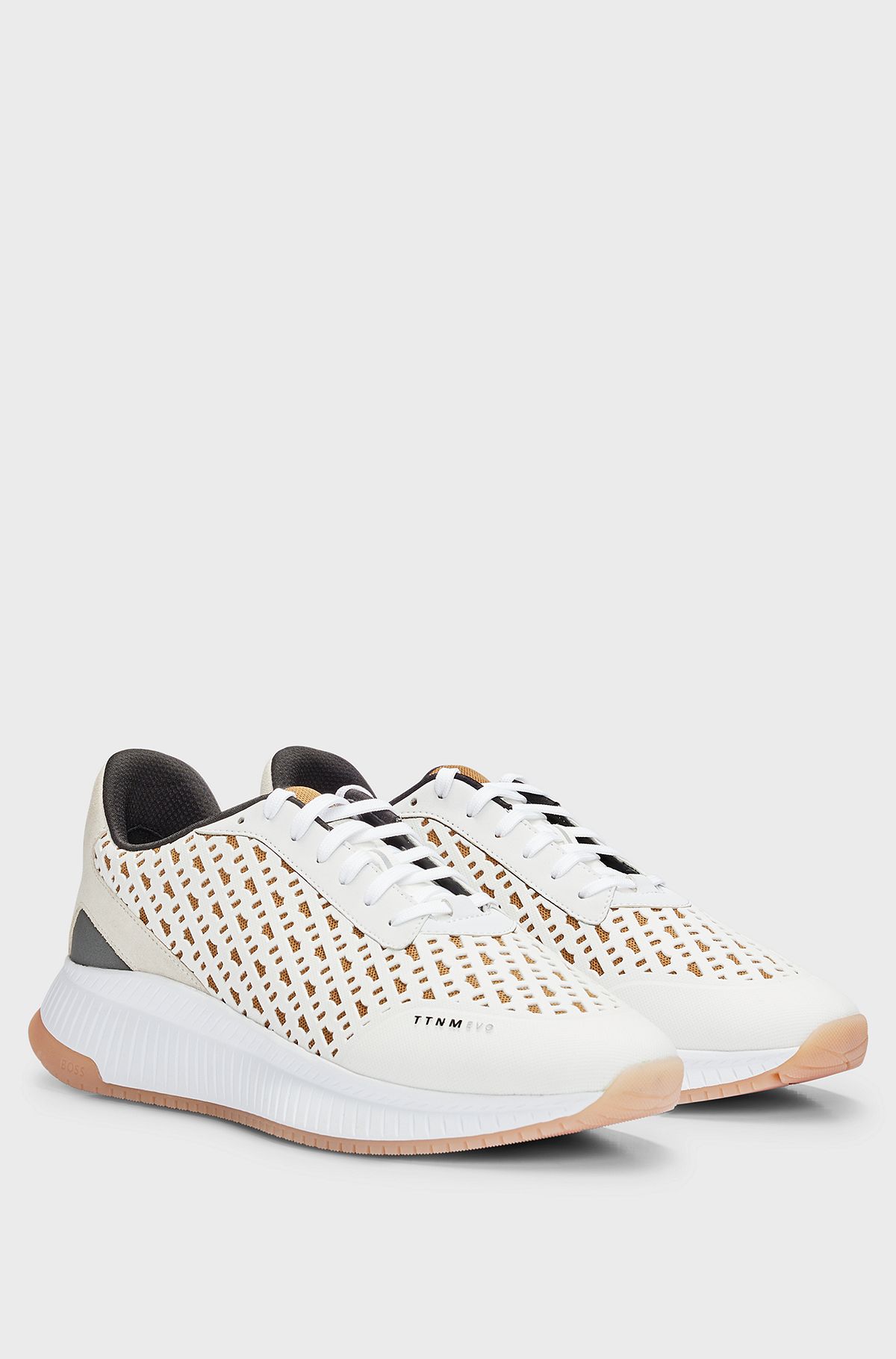 TTNM EVO monogram-mesh lace-up trainers with suede trims, Light Beige