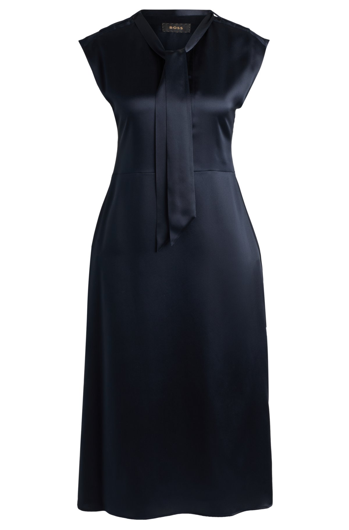 Sleeveless silk dress with tie neckline, Dark Blue