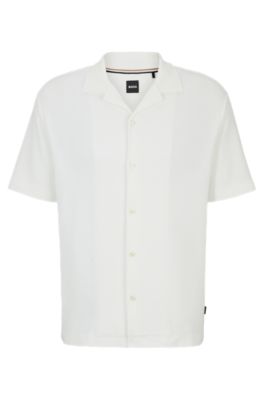 Regular-fit shirt in cotton boucl&eacute; with ribbed collar, White