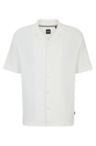Regular-fit shirt in cotton bouclé with ribbed collar, White
