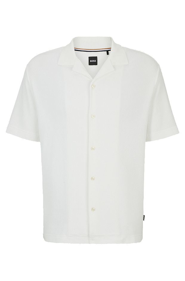 Regular-fit overhemd van katoenbouclé met geribbelde kraag, Wit