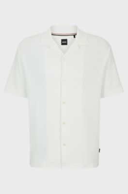 Regular-fit shirt in cotton boucl&eacute; with ribbed collar, White