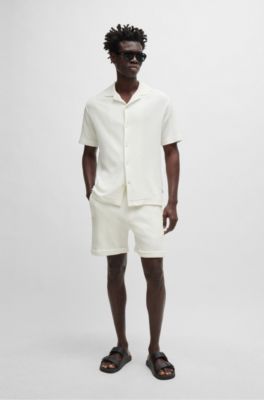 Regular-fit shirt in cotton boucl&eacute; with ribbed collar, White