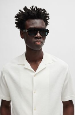 Regular-fit shirt in cotton boucl&eacute; with ribbed collar, White