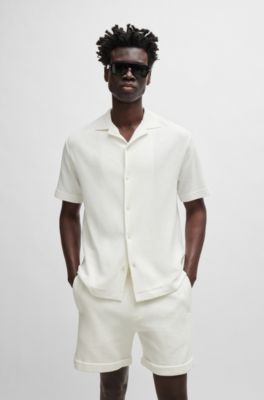 Regular-fit shirt in cotton boucl&eacute; with ribbed collar, White
