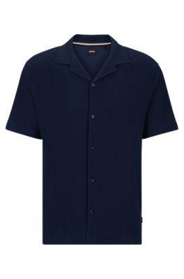Regular-fit shirt in cotton boucl&eacute; with ribbed collar, Dark Blue