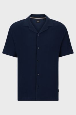 Regular-fit shirt in cotton boucl&eacute; with ribbed collar, Dark Blue