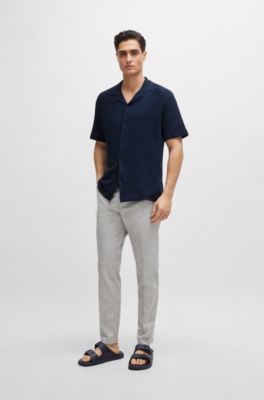 Regular-fit shirt in cotton boucl&eacute; with ribbed collar, Dark Blue