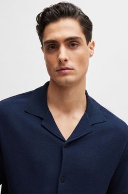 Regular-fit shirt in cotton boucl&eacute; with ribbed collar, Dark Blue