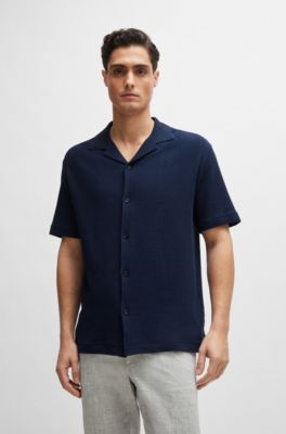 Regular-fit shirt in cotton boucl&eacute; with ribbed collar, Dark Blue