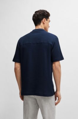 Regular-fit shirt in cotton boucl&eacute; with ribbed collar, Dark Blue
