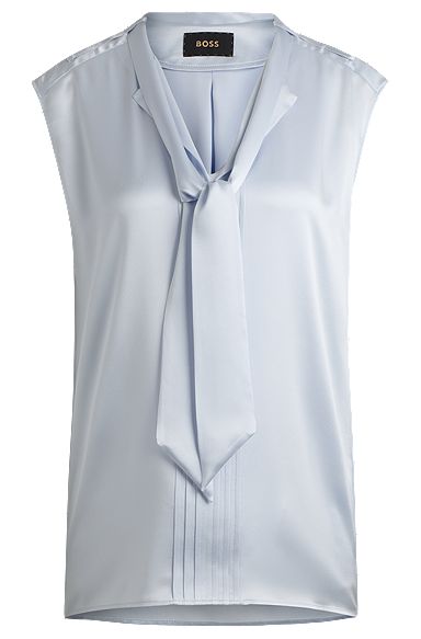 Sleeveless silk blouse with tie neckline, Light Grey