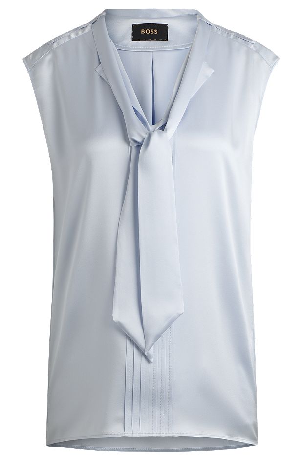 Sleeveless silk blouse with tie neckline, Light Grey