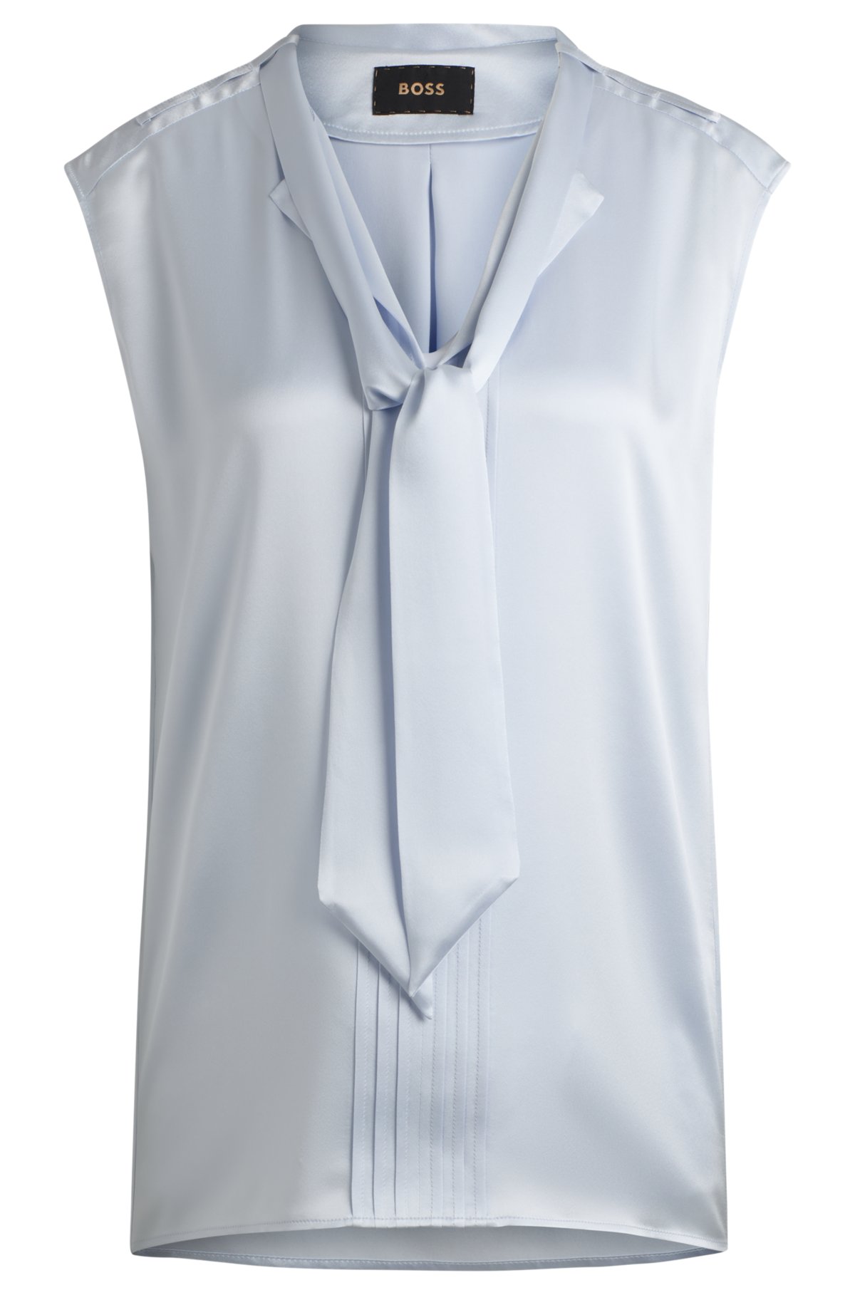 Sleeveless silk blouse with tie neckline, Light Blue