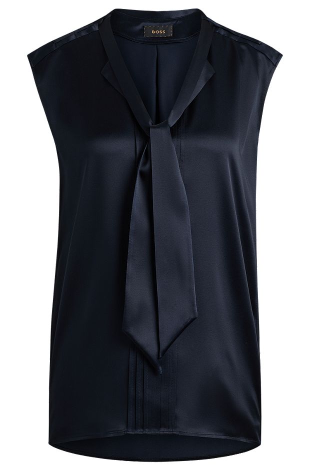 Sleeveless silk blouse with tie neckline, Dark Blue