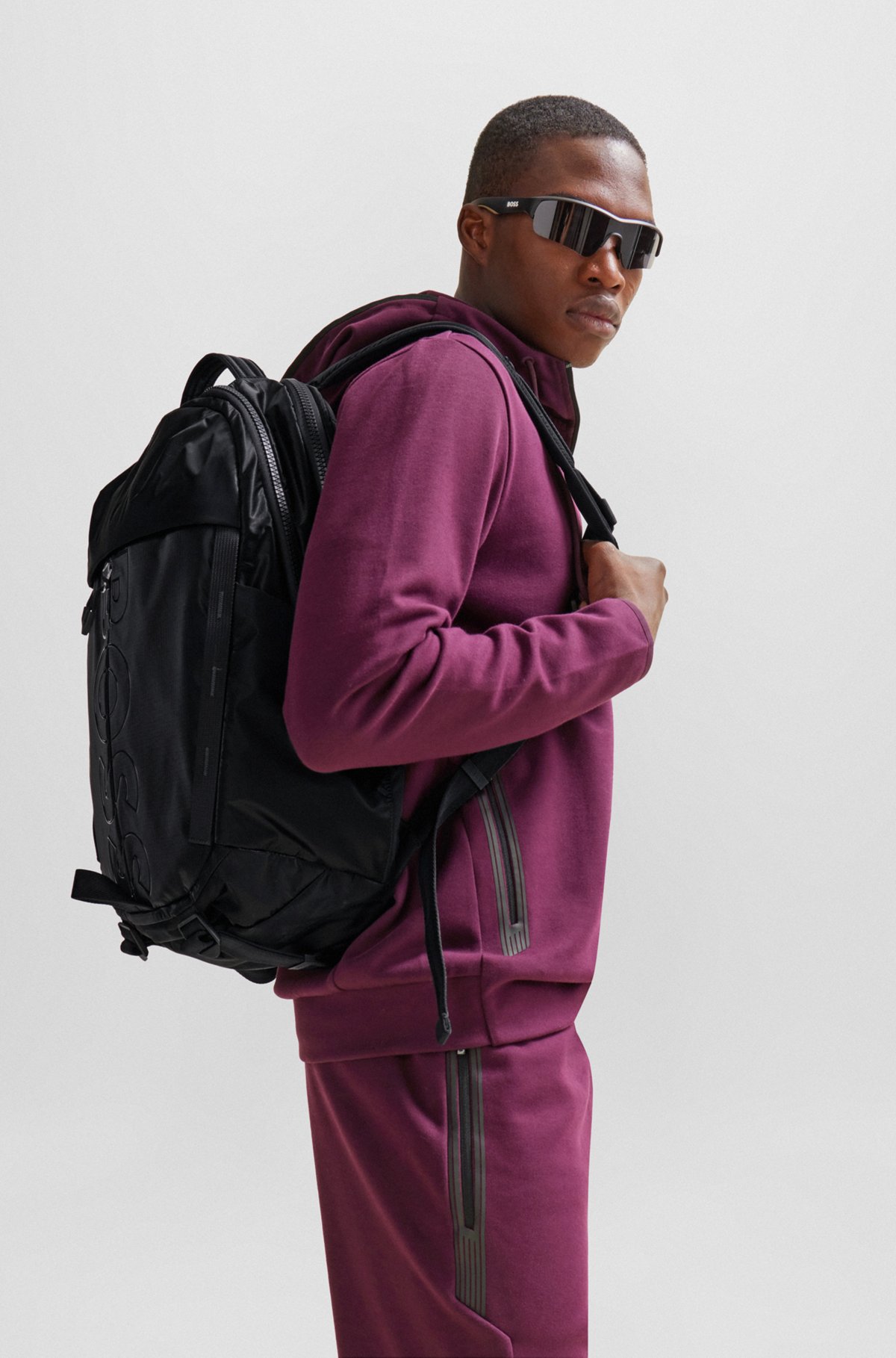 Coated-velour multi-pocket backpack with outline logo, Black