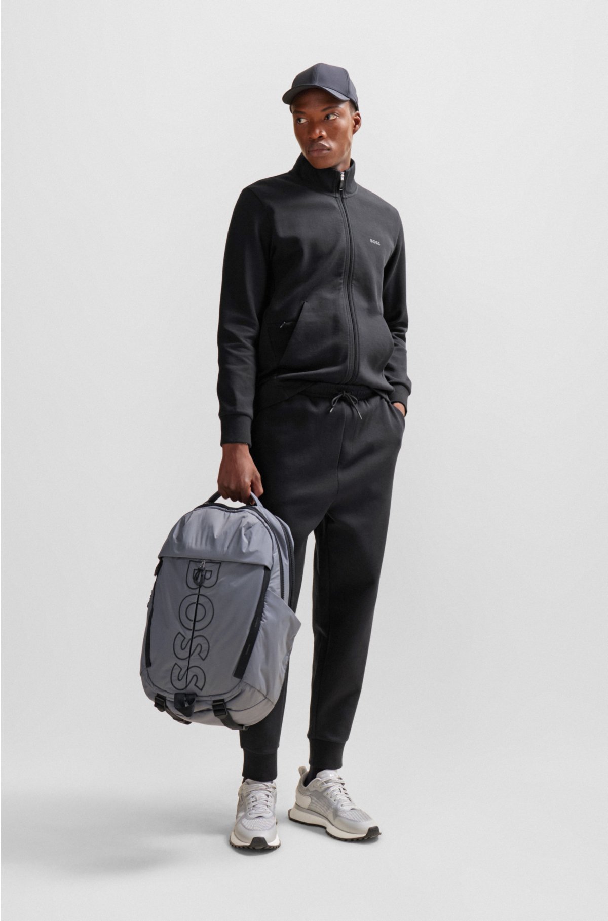 Coated-velour multi-pocket backpack with outline logo, Grey