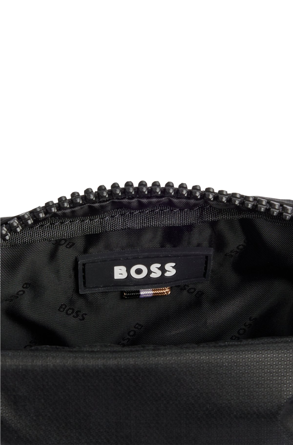 Coated-velour cross-body bag with outline logo, Black