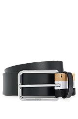 Cinturón de piel italiana con trabilla a rayas y detalle de la marca, Negro