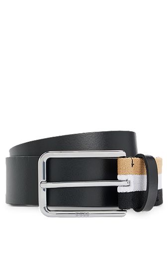 Italian-leather belt with signature-stripe detail, Black