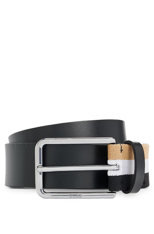 Italian-leather belt with signature-stripe detail, Black