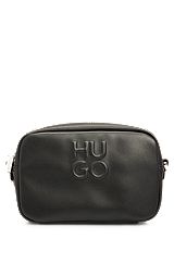 Faux-leather crossbody bag with debossed stacked logo, Black
