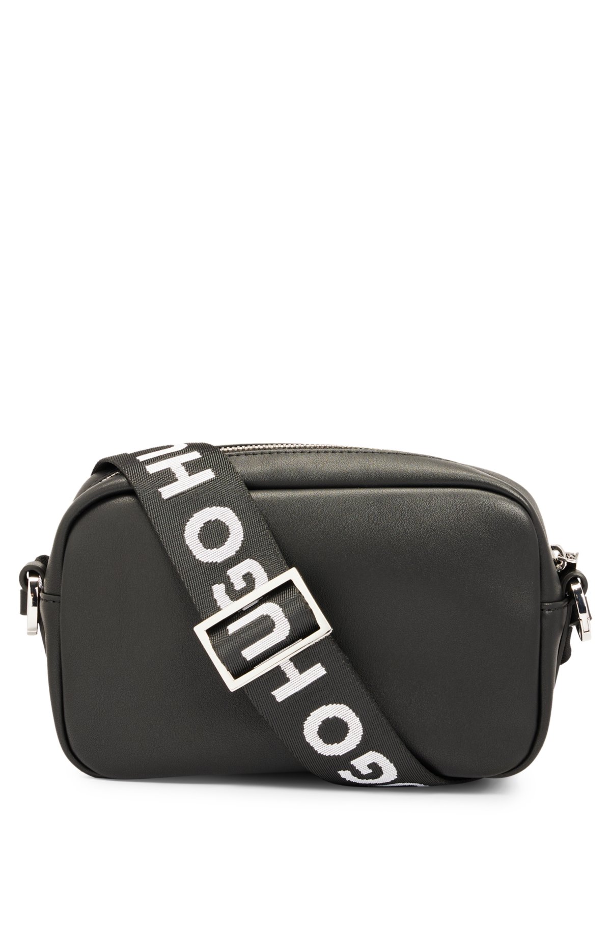 Faux-leather crossbody bag with debossed stacked logo, Black