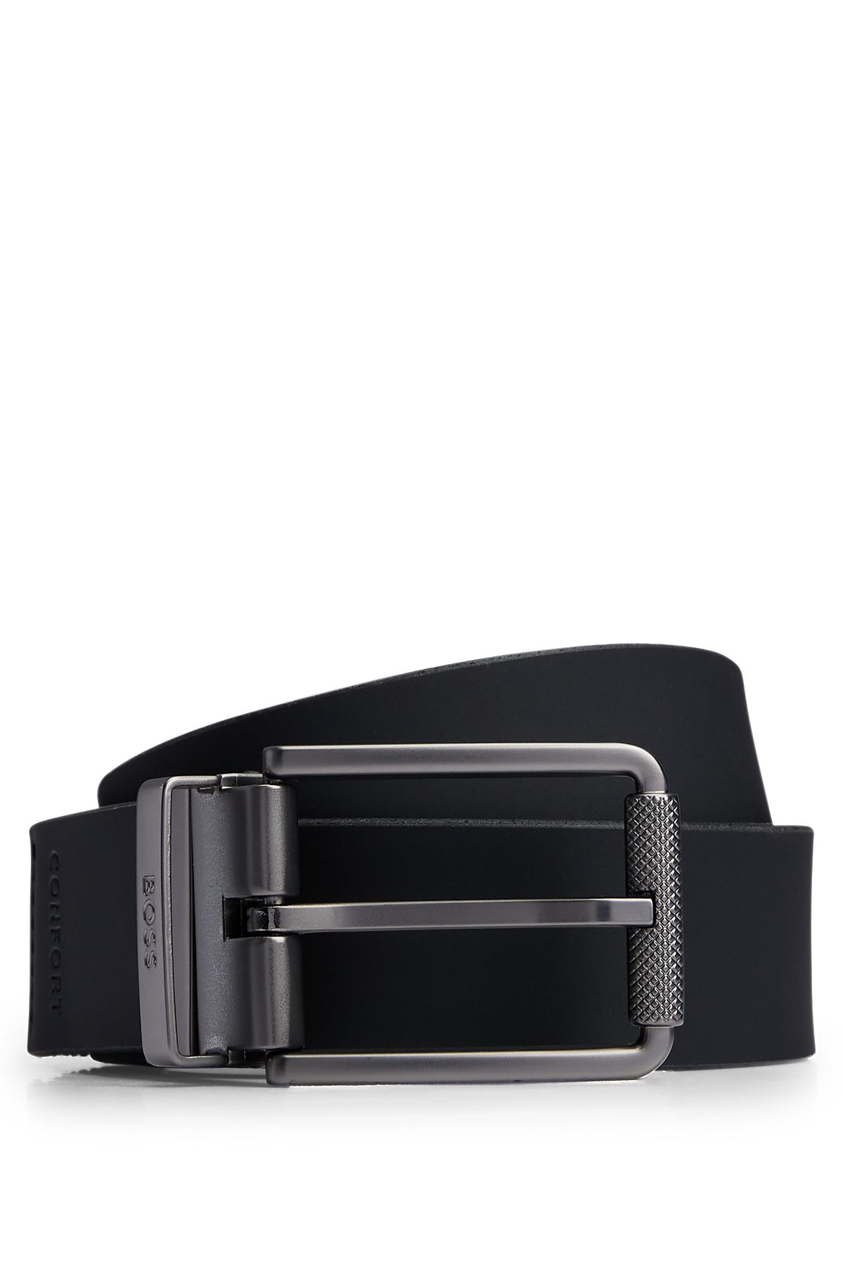 Wendegürtel aus italienischem Leder mit Logo-Schlaufe, Schwarz