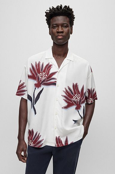 Relaxed-fit short-sleeved shirt in printed material, White