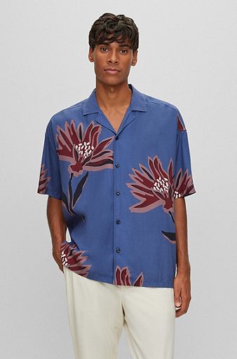 Relaxed-fit short-sleeved shirt in printed material, Dark Blue