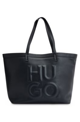 HUGO Faux leather shopper bag with debossed stacked logo