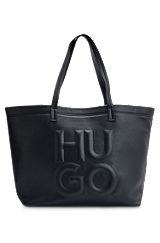 Faux-leather shopper bag with debossed stacked logo, Black